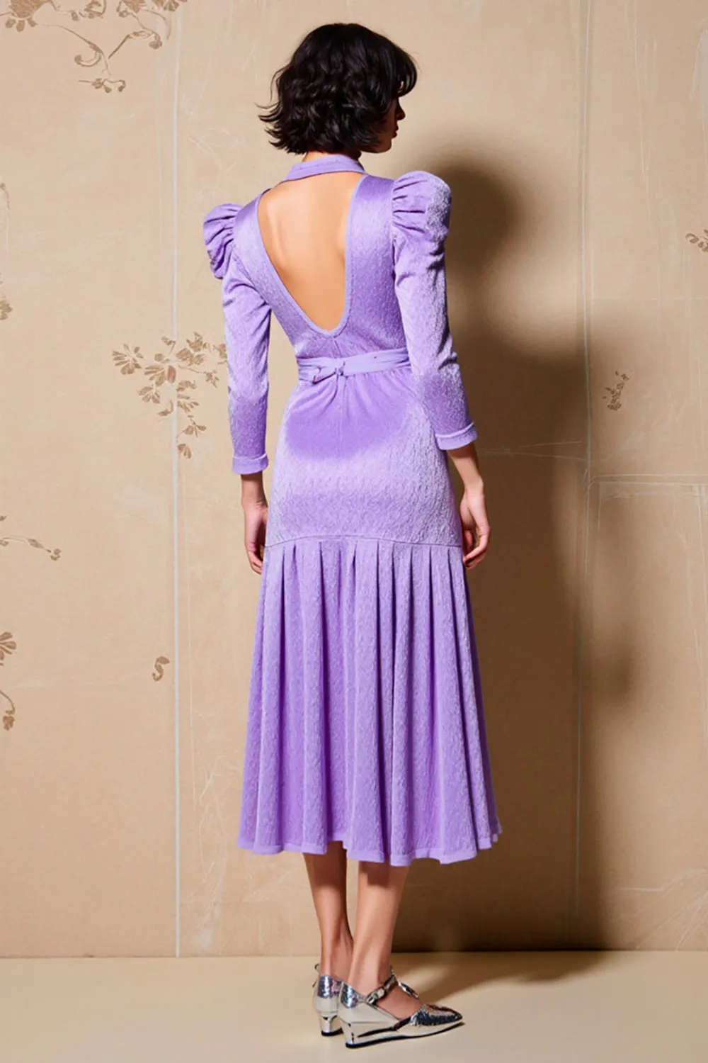 Purple Ruffled Keyhole Long Sleeve A Line Wedding Guest Dress sold by Zapaka product image thumbnail 2