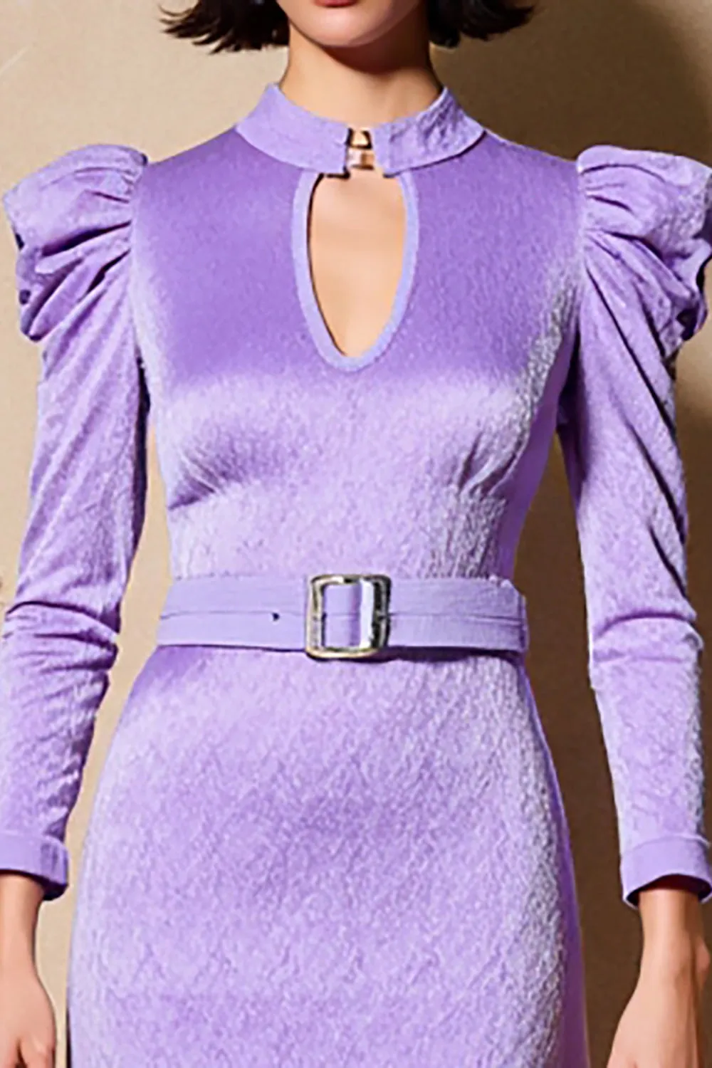 Purple Ruffled Keyhole Long Sleeve A Line Wedding Guest Dress sold by Zapaka product image thumbnail 3