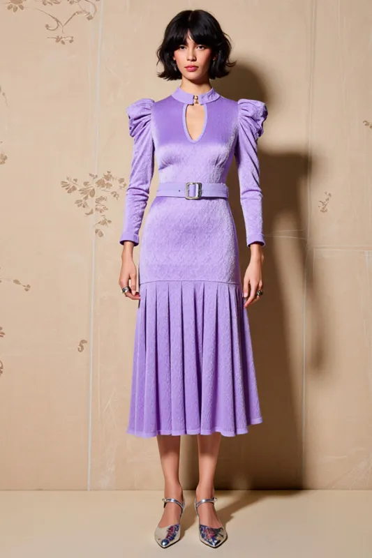 Purple Ruffled Keyhole Long Sleeve A Line Wedding Guest Dress sold by Zapaka