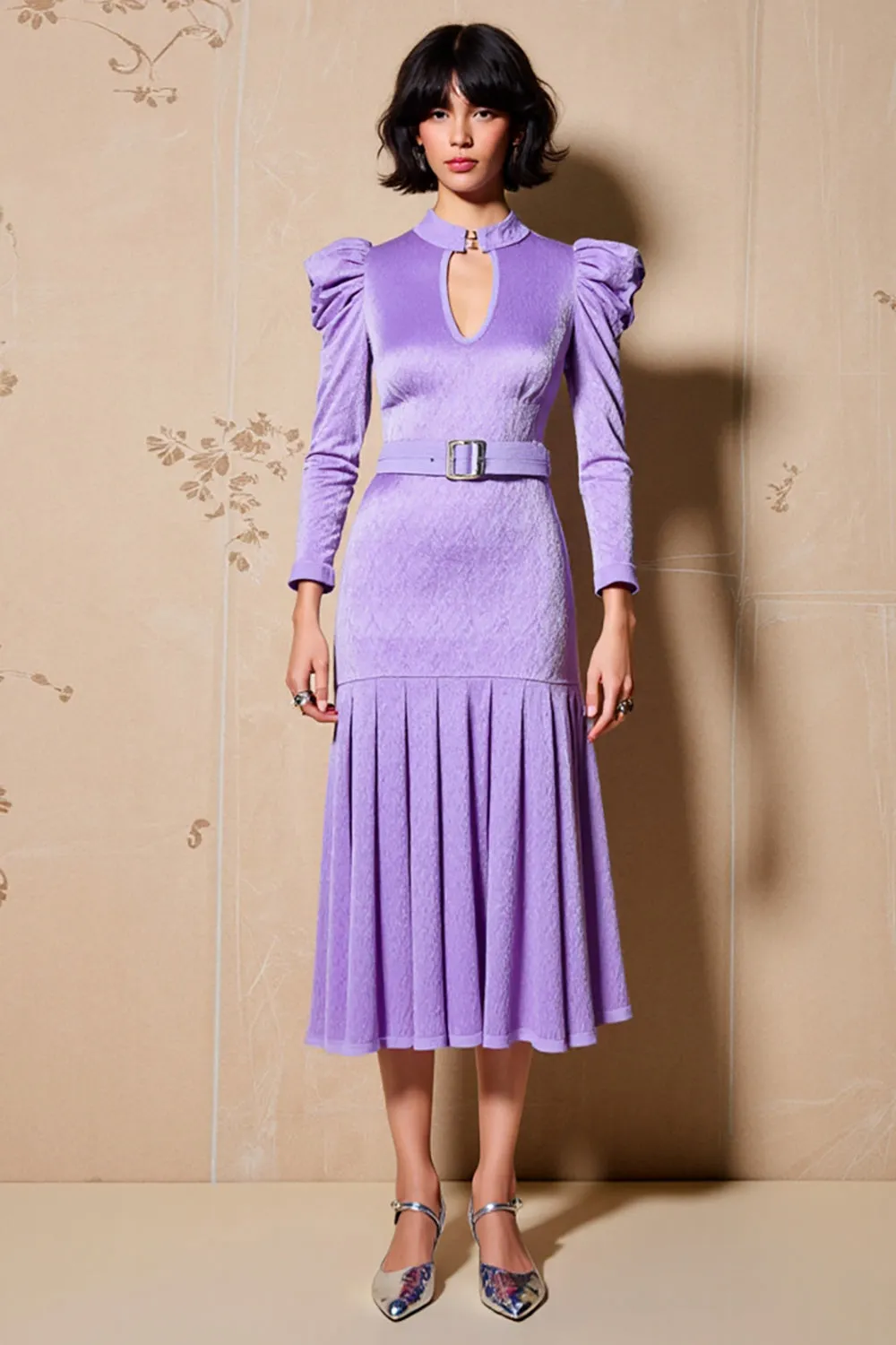 Purple Ruffled Keyhole Long Sleeve A Line Wedding Guest Dress sold by Zapaka
