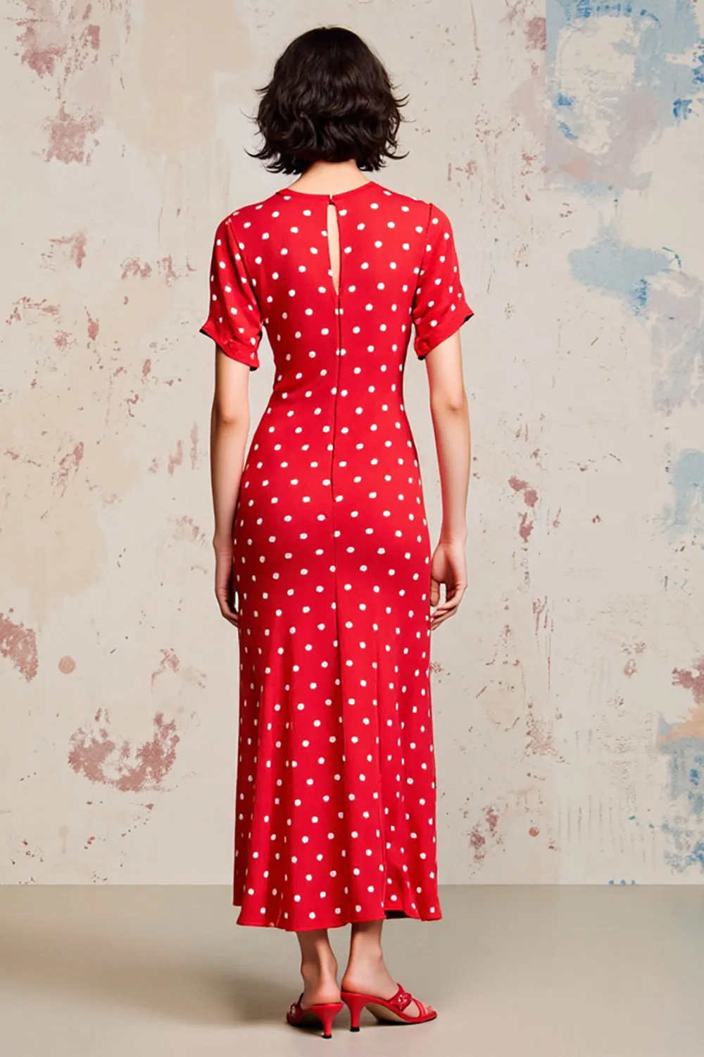 Red Sheath Polka Dots Long Wedding Guest Dress sold by Zapaka product image thumbnail 2