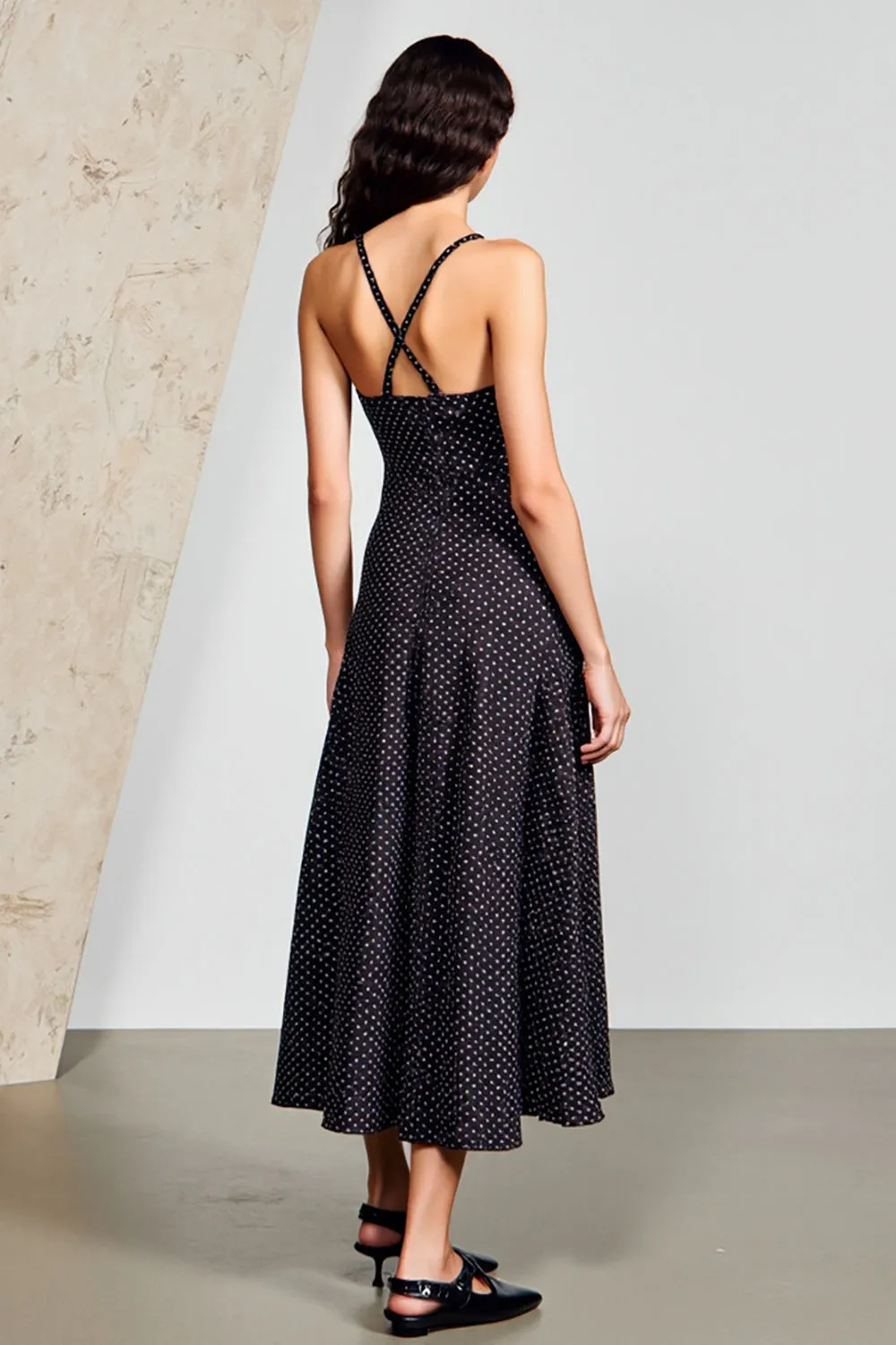 Black Polka Dots Spaghetti Straps A Line Wedding Guest Dress sold by Zapaka product image thumbnail 2