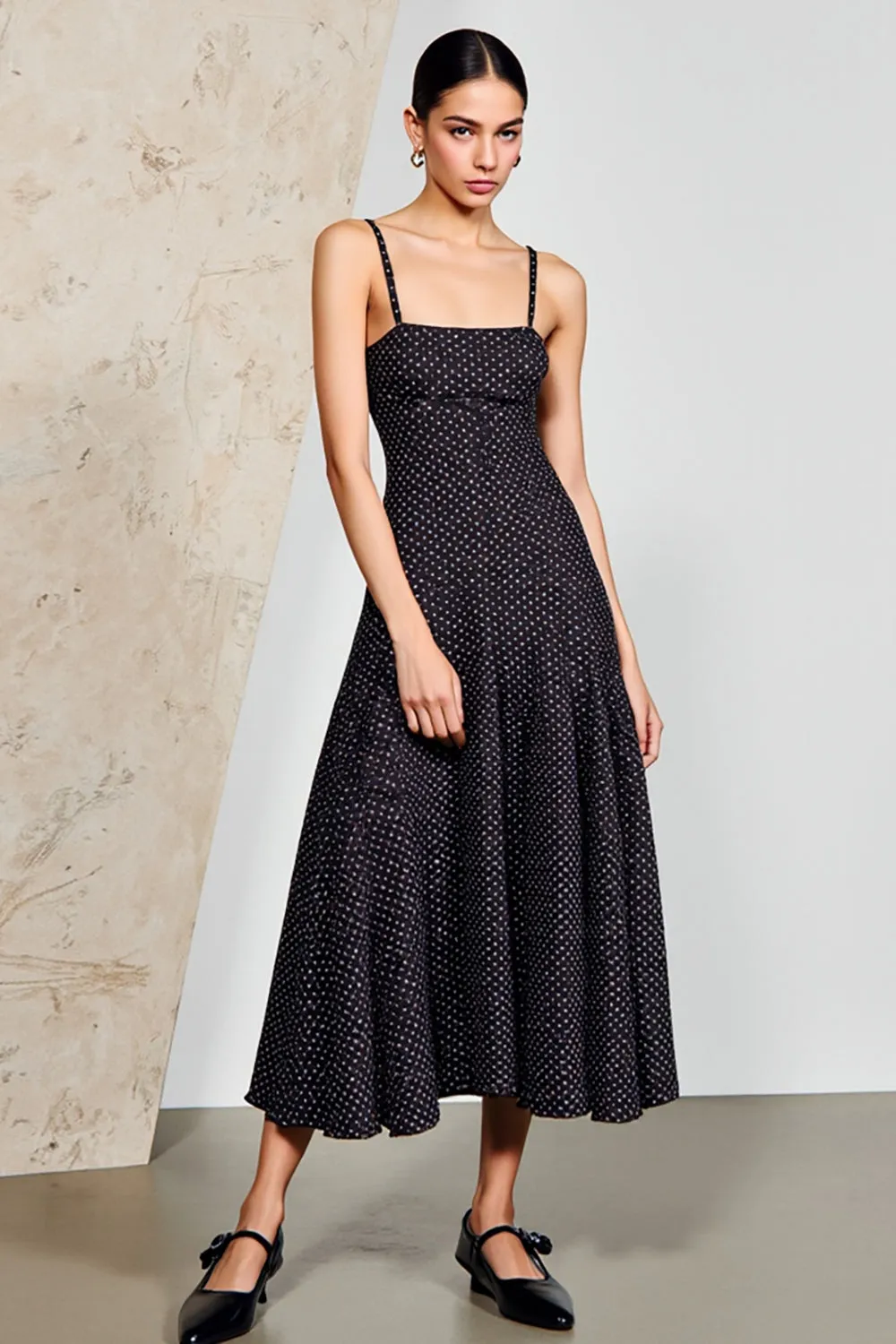 Black Polka Dots Spaghetti Straps A Line Wedding Guest Dress sold by Zapaka