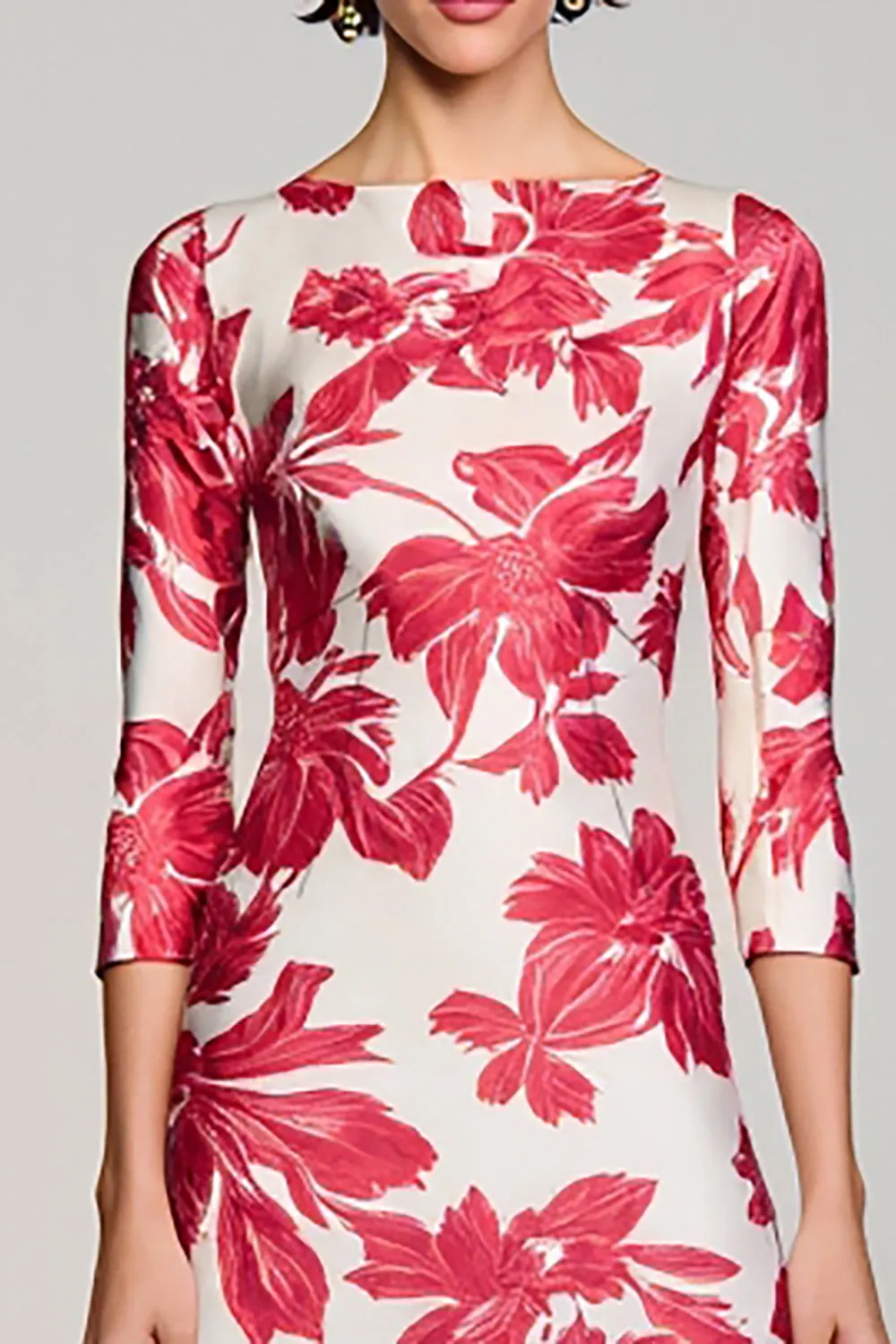 Red Floral Bateau Neck A Line Wedding Guest Dress sold by Zapaka product image thumbnail 3