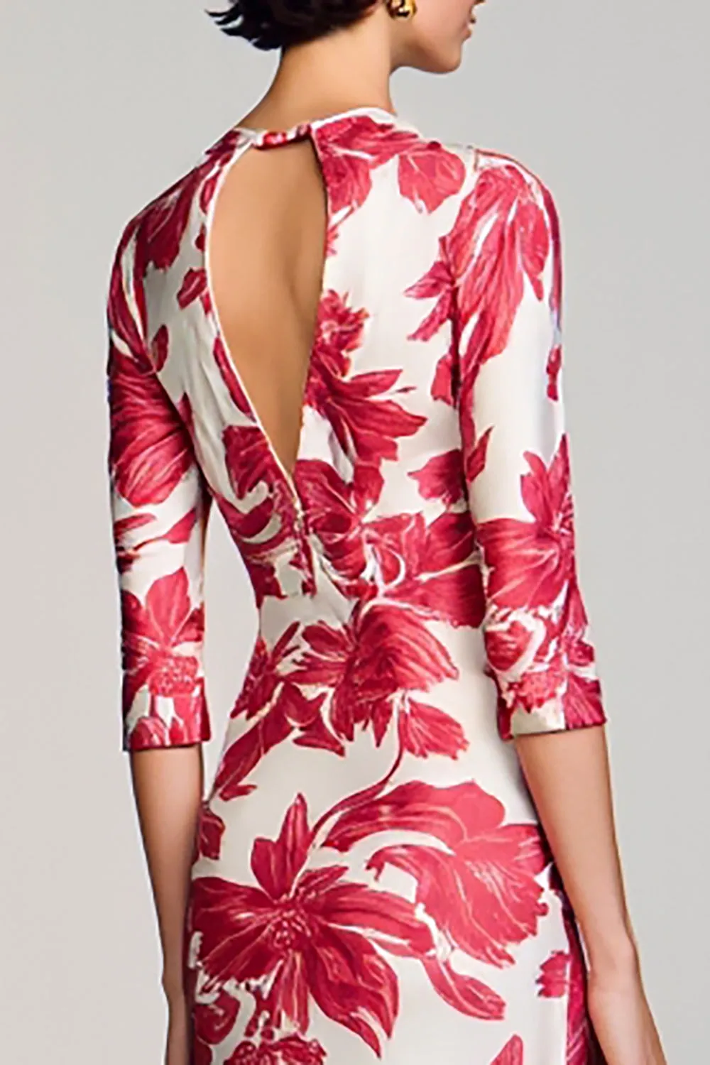 Red Floral Bateau Neck A Line Wedding Guest Dress sold by Zapaka product image thumbnail 4