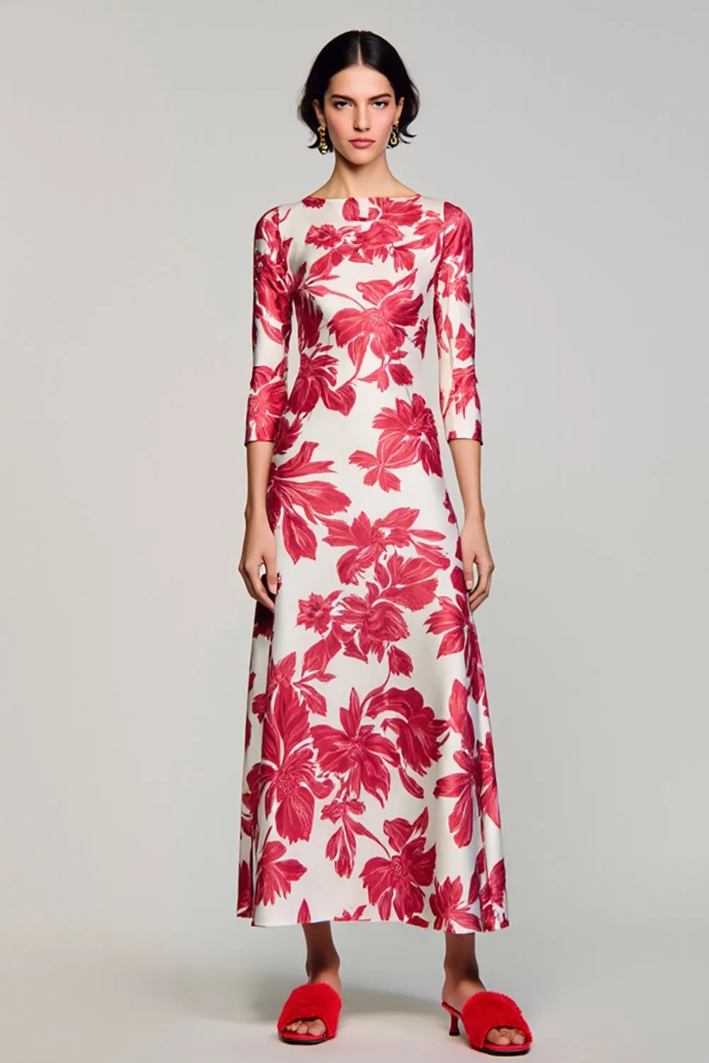 Red Floral Bateau Neck A Line Wedding Guest Dress sold by Zapaka