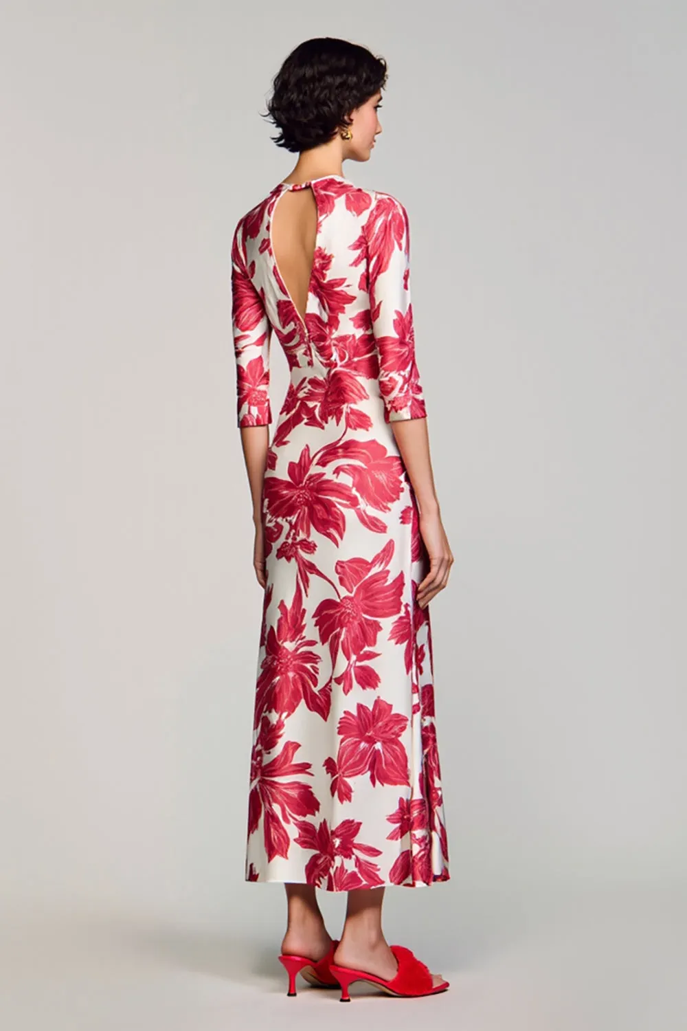 Red Floral Bateau Neck A Line Wedding Guest Dress sold by Zapaka product image thumbnail 2