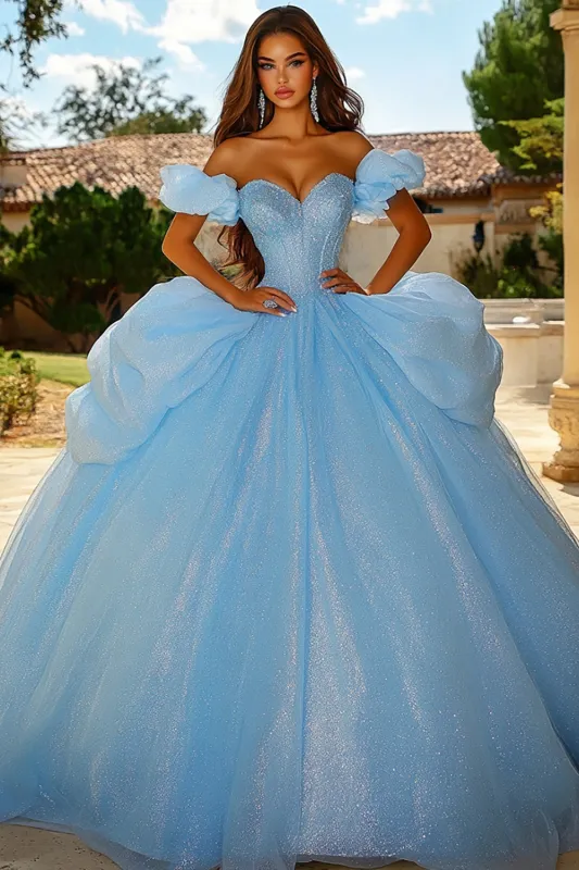 Glitter Sky Blue Off The Shoulder Ruffled Quinceanera Dress sold by Zapaka