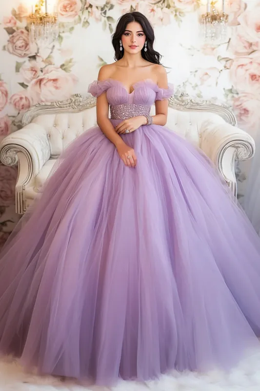 Lilac Ball Gown Off The Shoulder Ruffled Quinceanera Dress sold by Zapaka