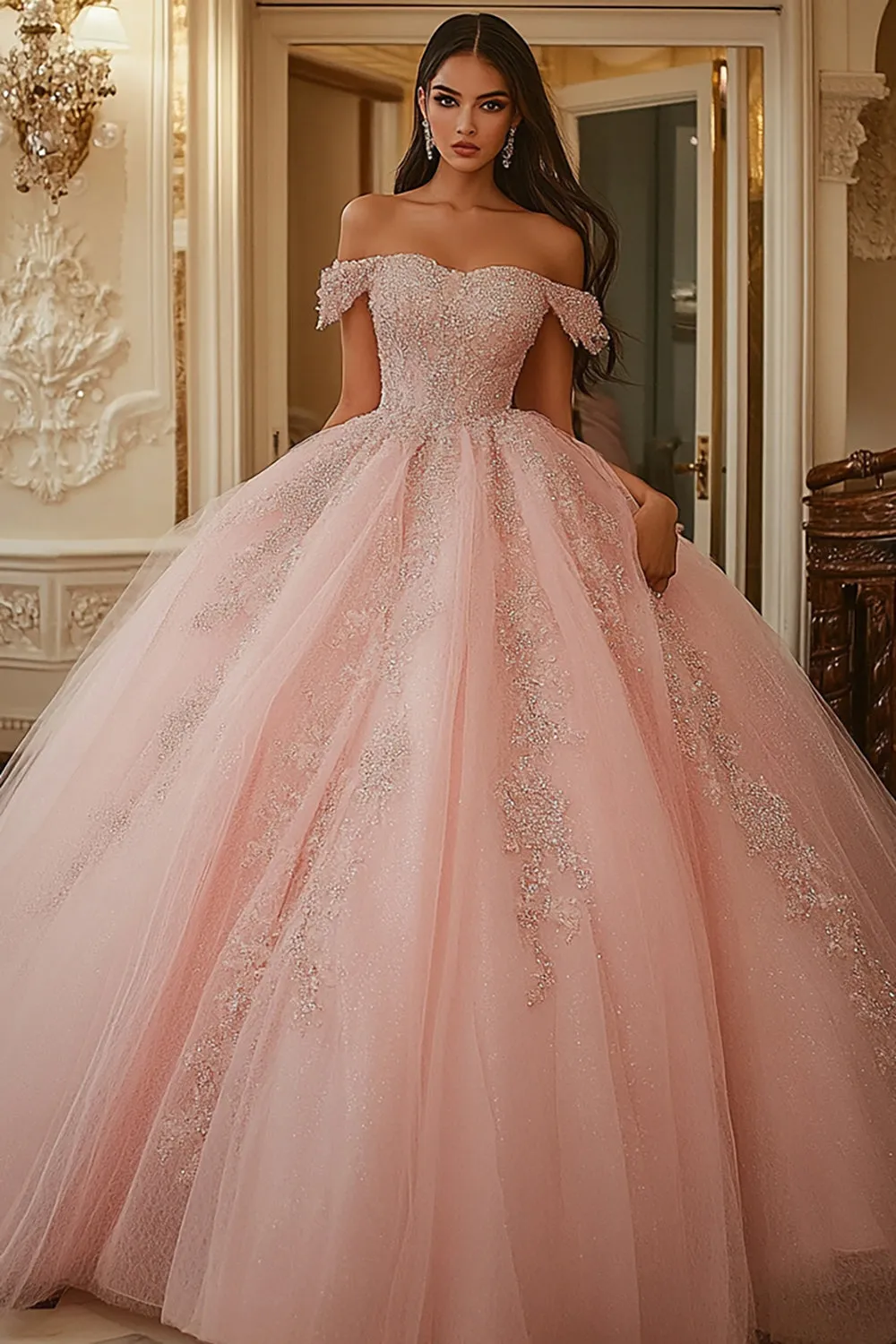 Ball Gown Off The Shoulder Pink Beaded Quinceanera Dress sold by Zapaka