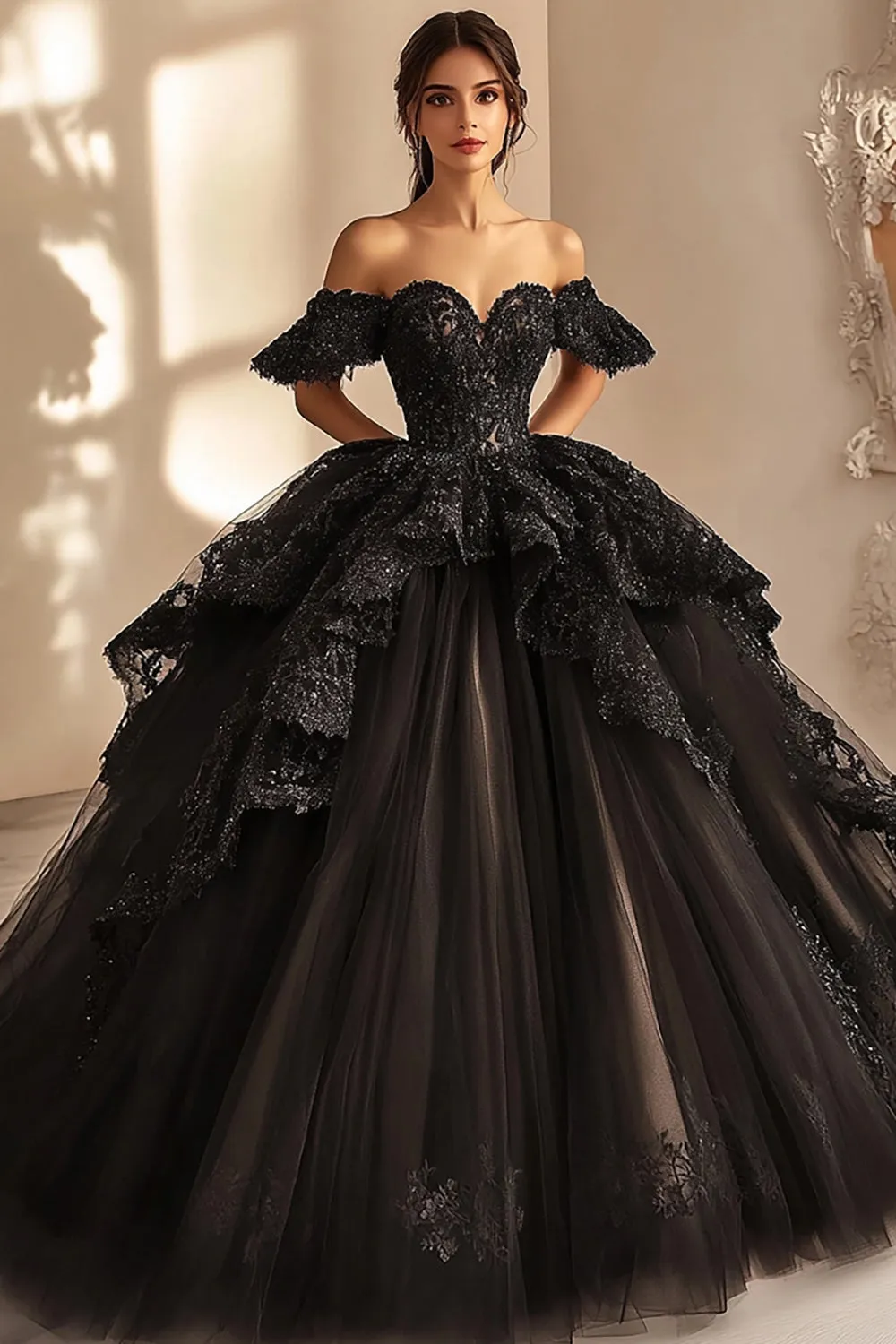 Ball Gown Off The Shoulder Black Lace Quinceanera Dress sold by Zapaka