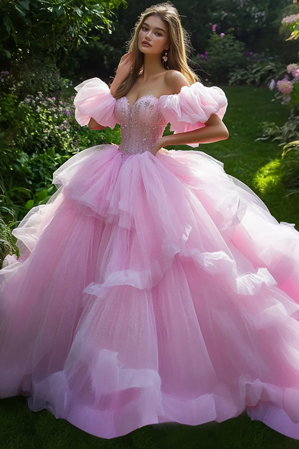 Princess Pink Ball Gown Off the Shoulder Ruffled Tulle Quinceanera Dress sold by Zapaka