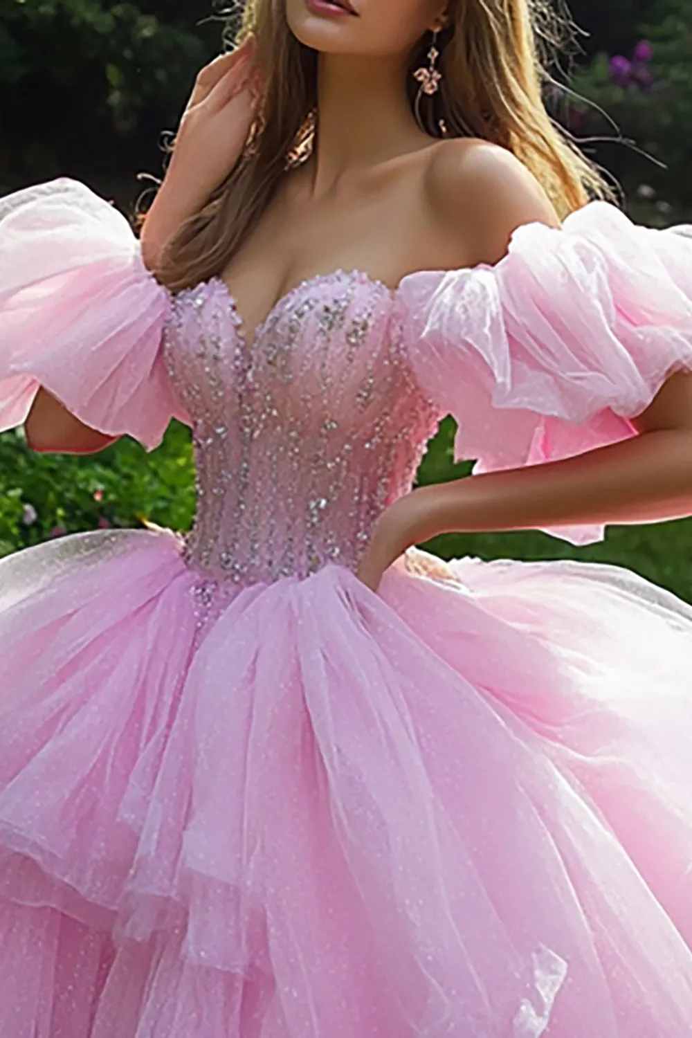 Princess Pink Ball Gown Off the Shoulder Ruffled Tulle Quinceanera Dress sold by Zapaka product image thumbnail 2