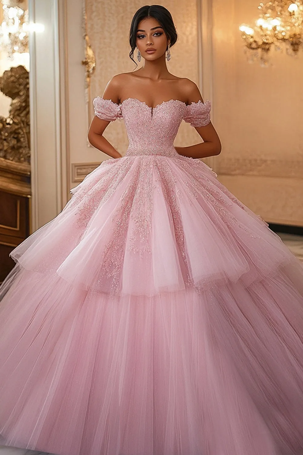 Princess Ball Gown Off the Shoulder Pink Lace Quinceanera Dress sold by Zapaka
