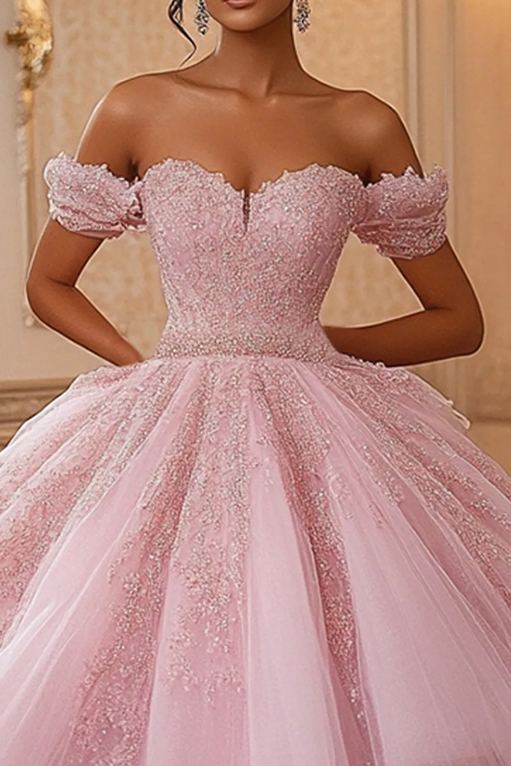 Princess Ball Gown Off the Shoulder Pink Lace Quinceanera Dress sold by Zapaka product image thumbnail 2