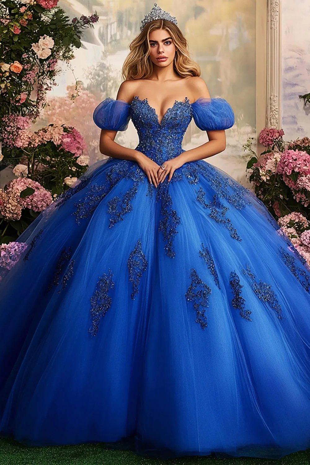 Ball Gown Off the Shoulder Royal Blue Appliqued Quinceanera Dress sold by Zapaka