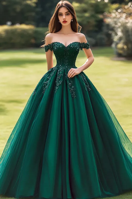 Princess Ball Gown Off the Shoulder Dark Green Appliqued Quinceanera Dress sold by Zapaka