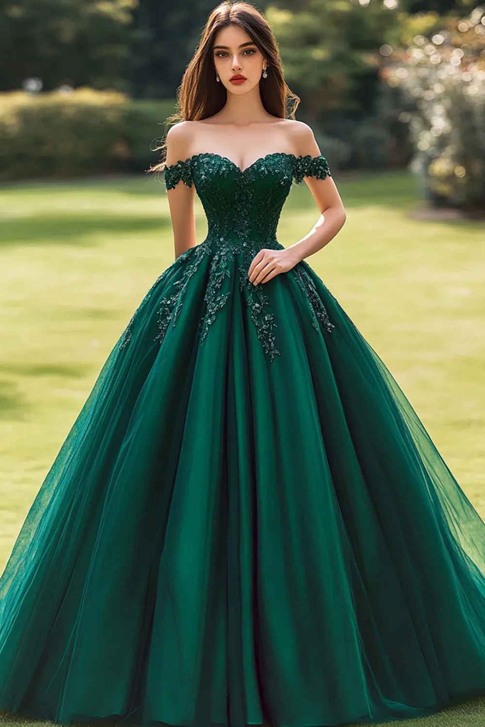 Princess Ball Gown Off the Shoulder Dark Green Appliqued Quinceanera Dress sold by Zapaka