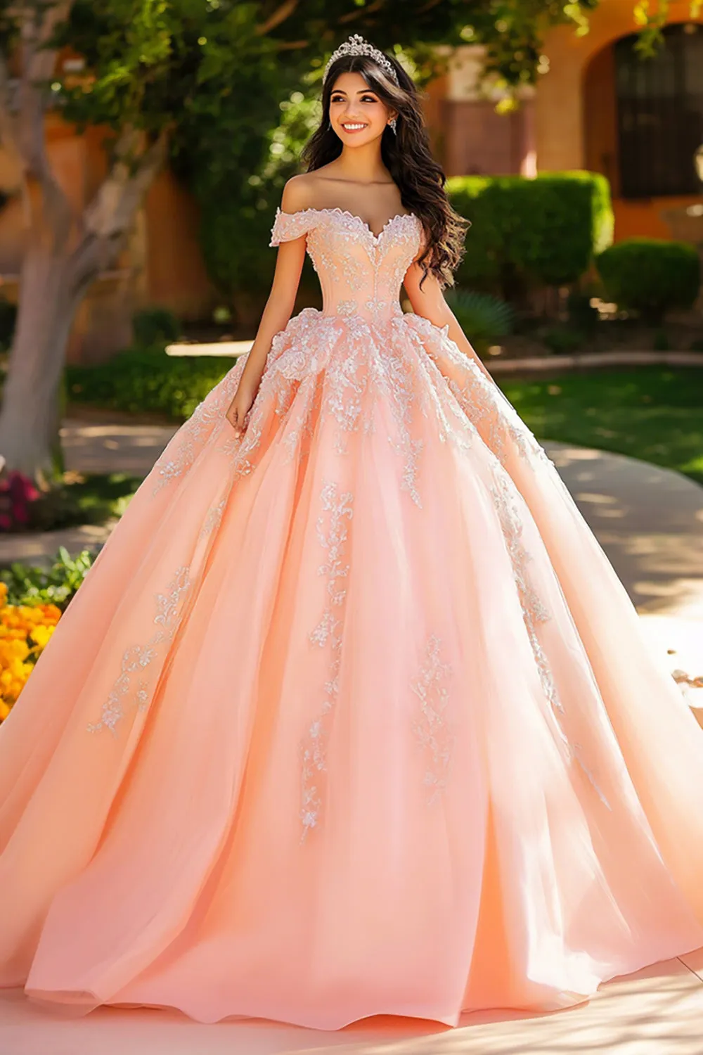 Pink Off the Shoulder Appliqued Ball Gown Quinceanera Dress sold by Zapaka