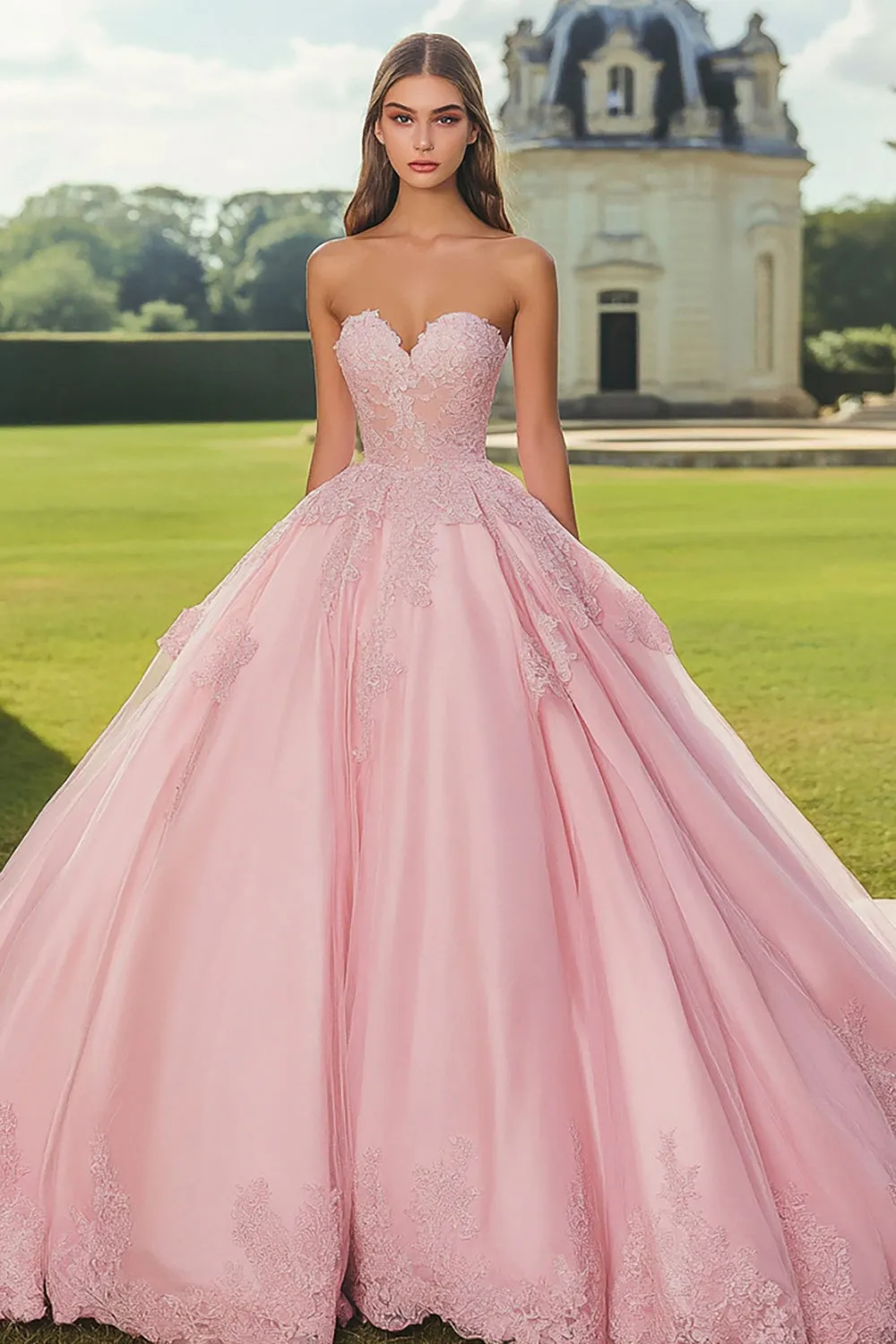 Pink Strapless Appliqued Ball Gown Quinceanera Dress sold by Zapaka