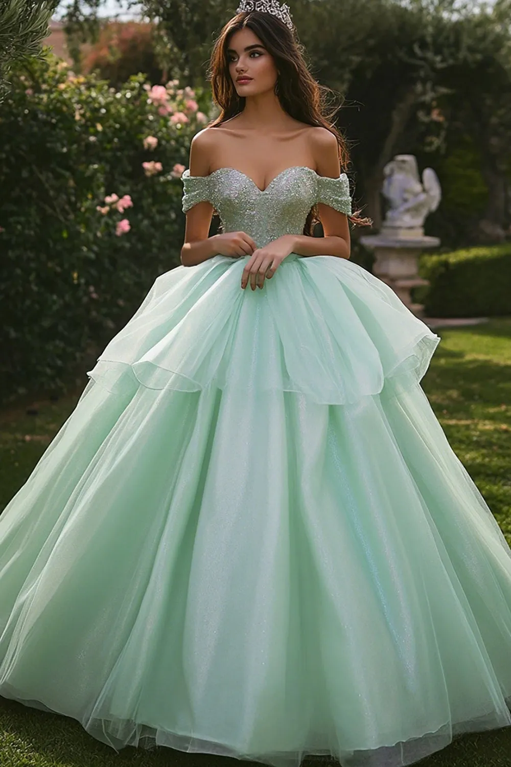 Glitter Ball Gown Off The Shoulder Mint Green Quinceanera Dress sold by Zapaka
