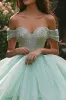 Glitter Ball Gown Off The Shoulder Mint Green Quinceanera Dress sold by Zapaka
