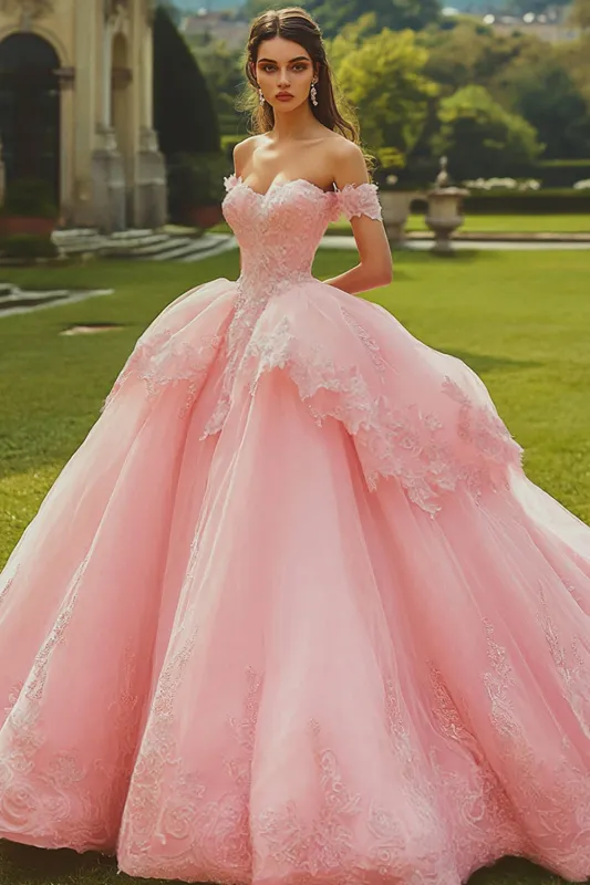 Princess Pink Off the Shoulder Ball Gown Quinceanera Dress sold by Zapaka