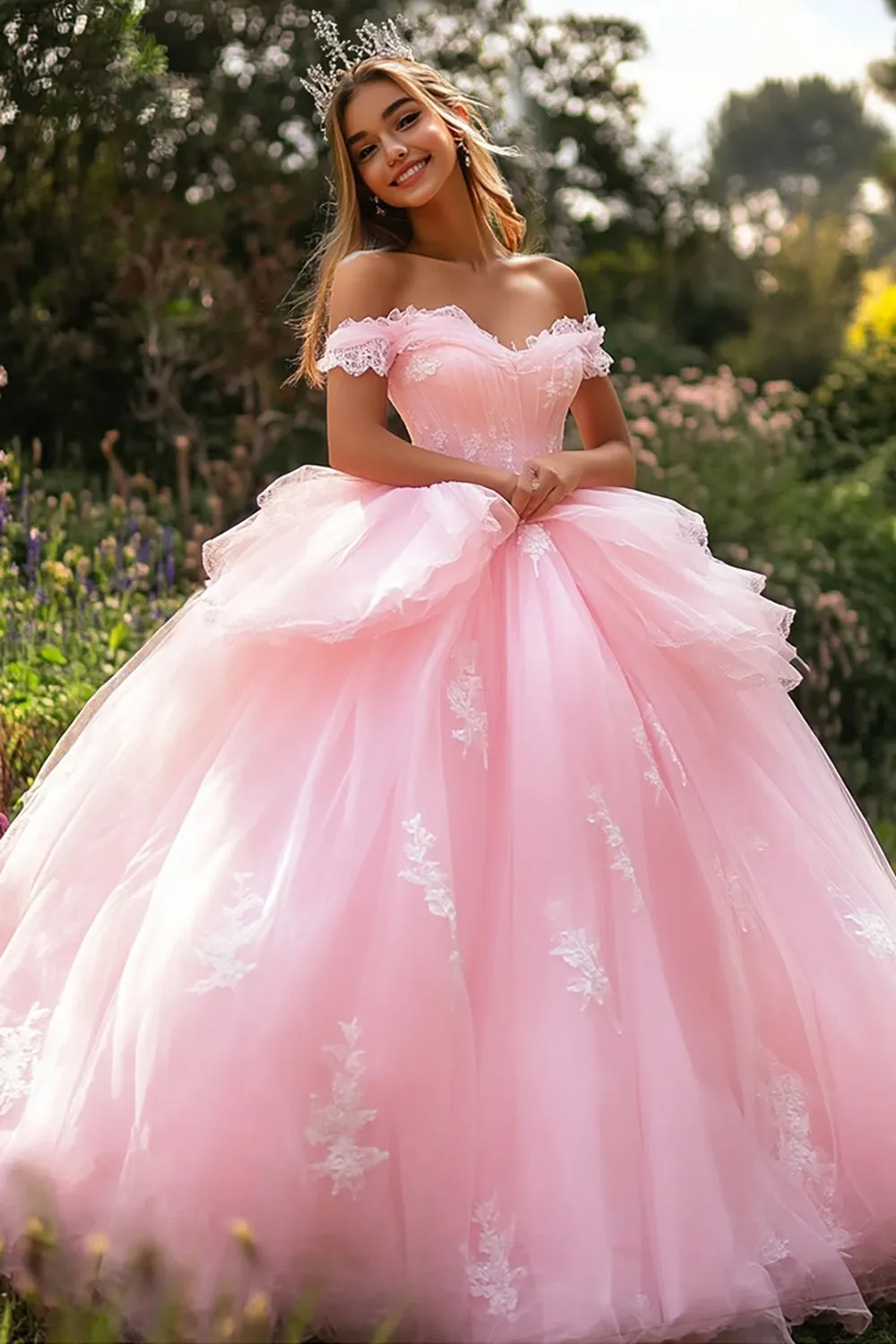 Princess Ball Gown Off the Shoulder Ruffled Pink Quinceanera Dress sold by Zapaka