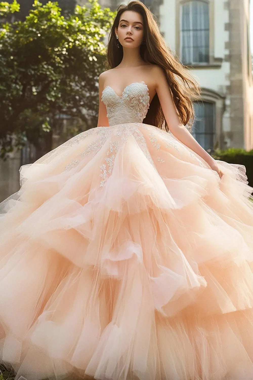 Ball Gown Strapless Champagne Ruffled Quinceanera Dress sold by Zapaka