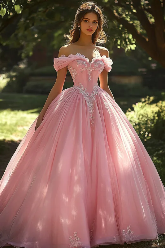 Princess Off the Shoulder Appliqued Ball Gown Pink Quinceanera Dress sold by Zapaka