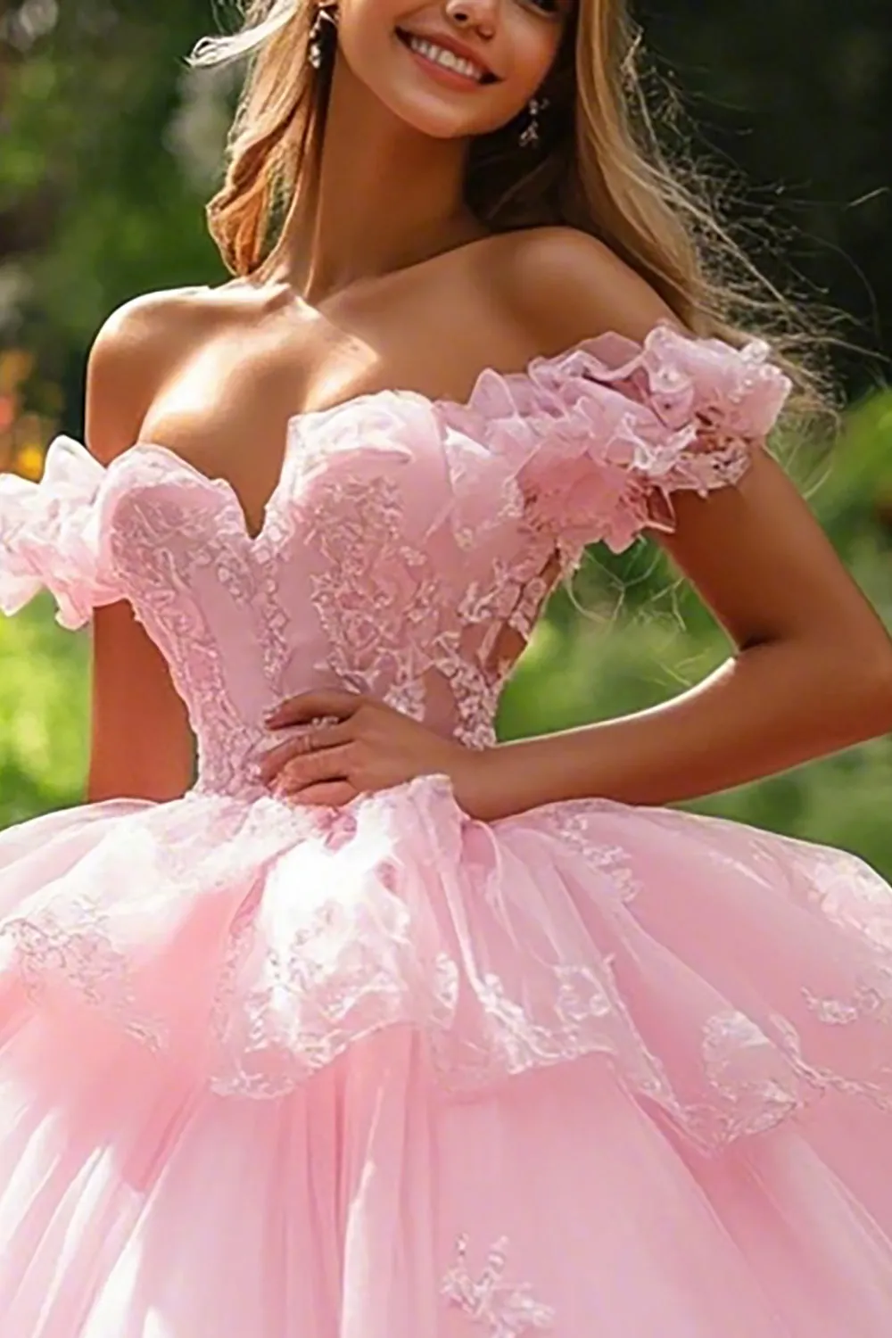 Princess Ruffled Off the Shoulder Ball Gown Pink Quinceanera Dress sold by Zapaka product image thumbnail 2