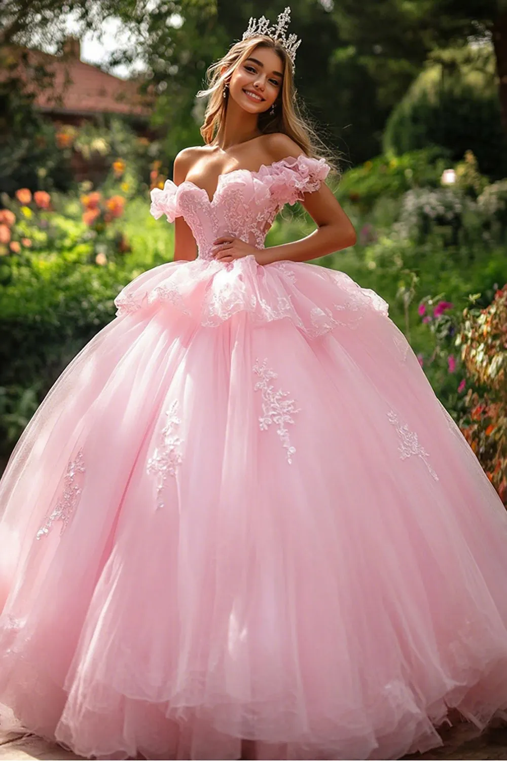 Princess Ruffled Off the Shoulder Ball Gown Pink Quinceanera Dress sold by Zapaka