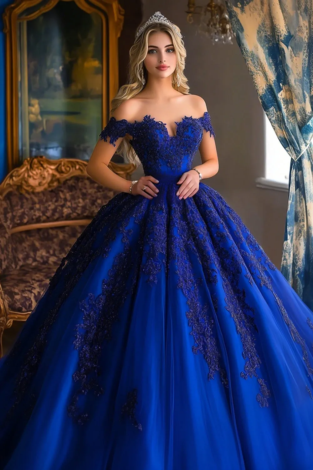 Off the Shoulder Appliqued Ball Gown Royal Blue Quinceanera Dress sold by Zapaka