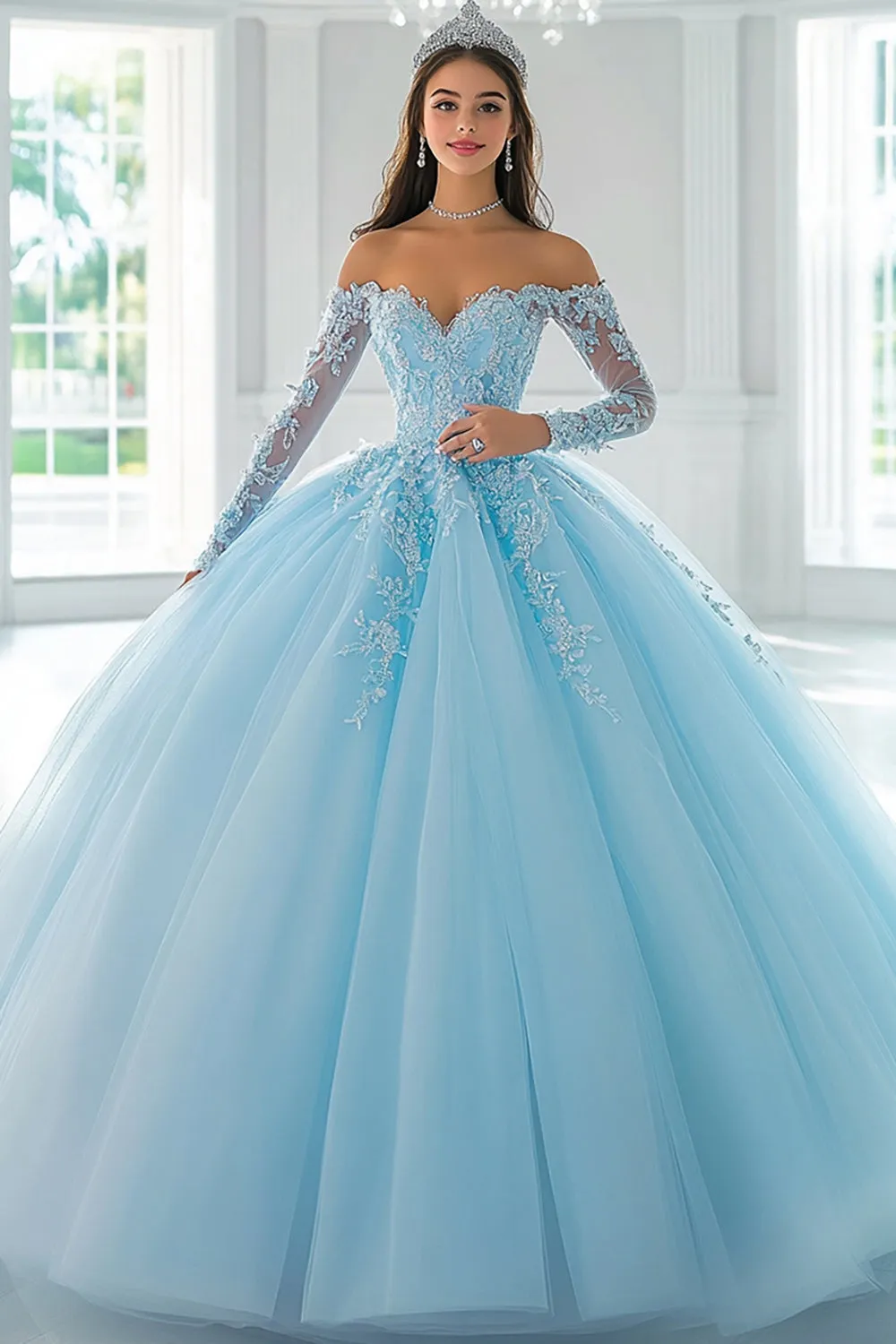 Off the Shoulder Appliqued Ball Gown Sky Blue Quinceanera Dress sold by Zapaka