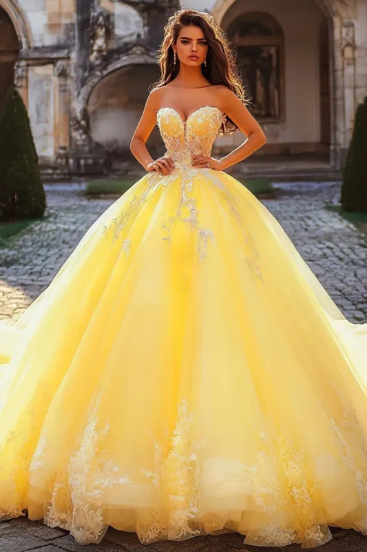 Ball Gown Strapless Yellow Appliqued Quinceanera Dress sold by Zapaka