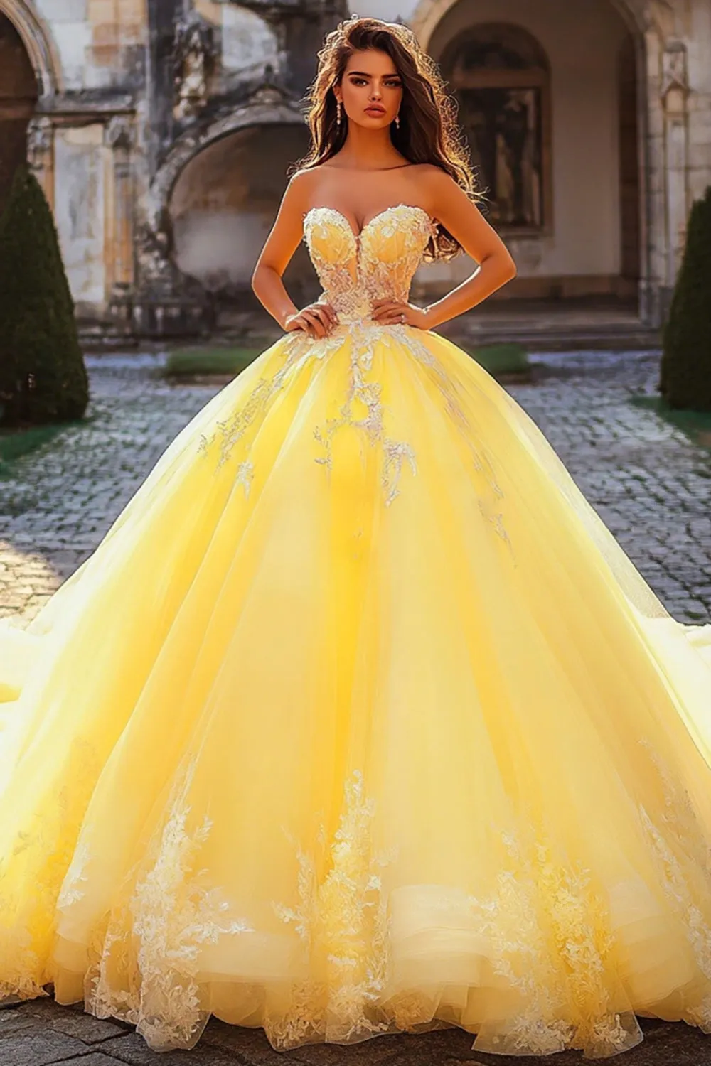 Ball Gown Strapless Yellow Appliqued Quinceanera Dress sold by Zapaka