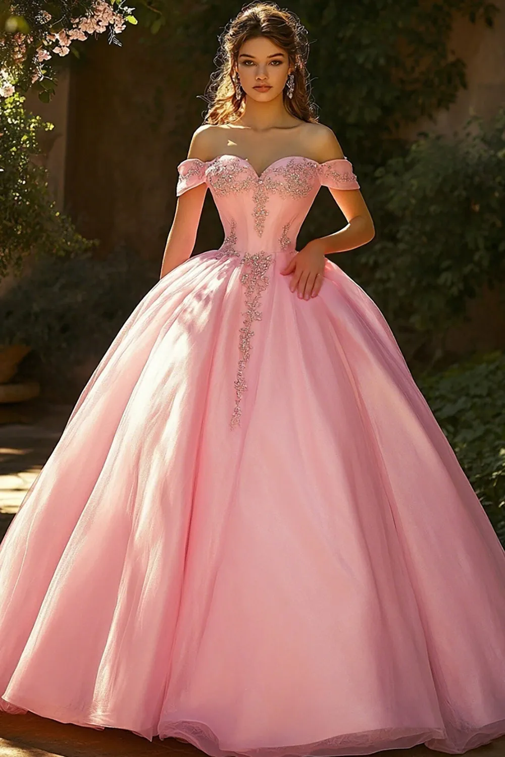 Ball Gown Pink Off the Shoulder Appliqued Princess Quinceanera Dress sold by Zapaka