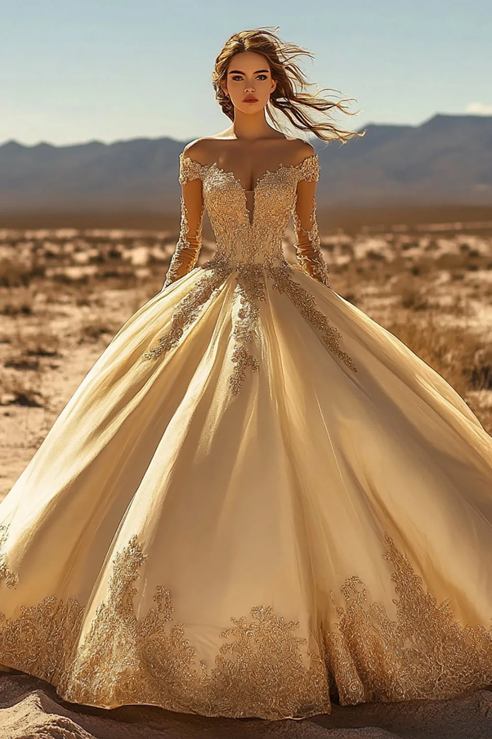Off The Shoulder Appliqued Ball Gown Gold Lace Quinceanera Dress sold by Zapaka