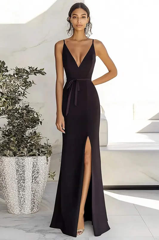 Black Sheath/Column V-Neck Formal Dress With Slit sold by Zapaka