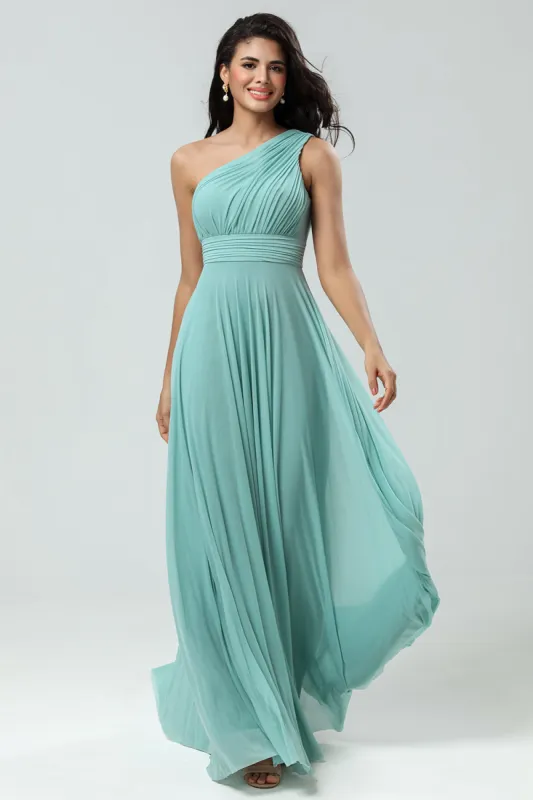 Stunning A Line One Shoulder Sea Glass Long Bridesmaid Dress with Ruched sold by Zapaka