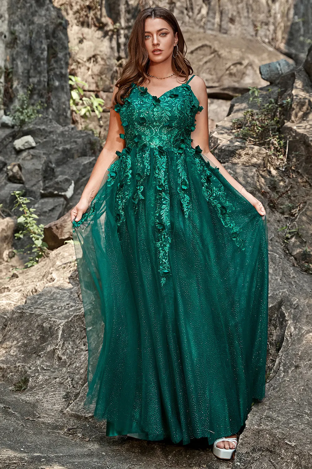 A Line Spaghetti Straps Dark Green Long Prom Dress with Appliques sold by Zapaka product image thumbnail 3