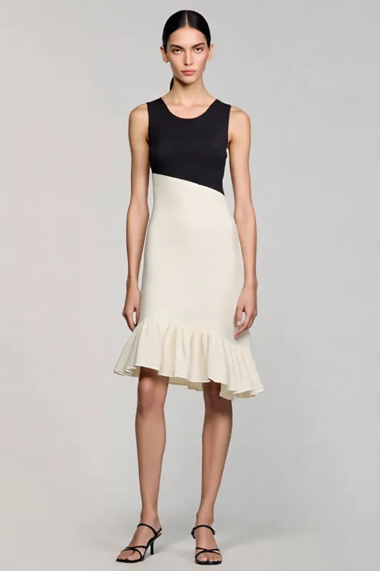 Ivory and Black Scoop Neck Sheath Formal Dress with Ruffles sold by Zapaka