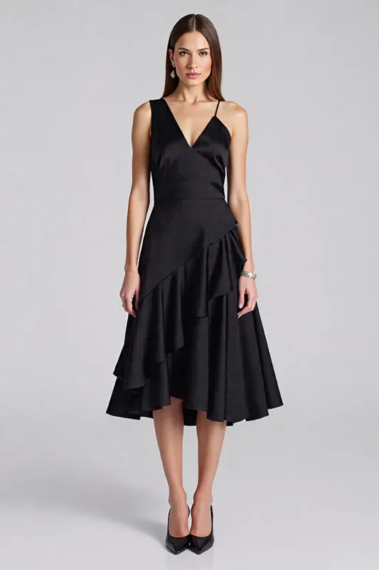 A Line V Neck Ruffled Black Midi Formal Dress sold by Zapaka