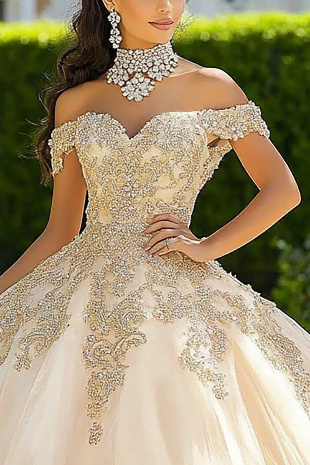 Ball Gown Off the Shoulder Champagne Appliqued Quinceanera Dress sold by Zapaka product image thumbnail 2