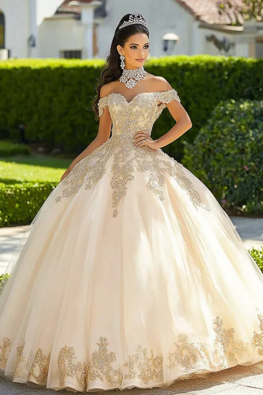 Ball Gown Off the Shoulder Champagne Appliqued Quinceanera Dress sold by Zapaka