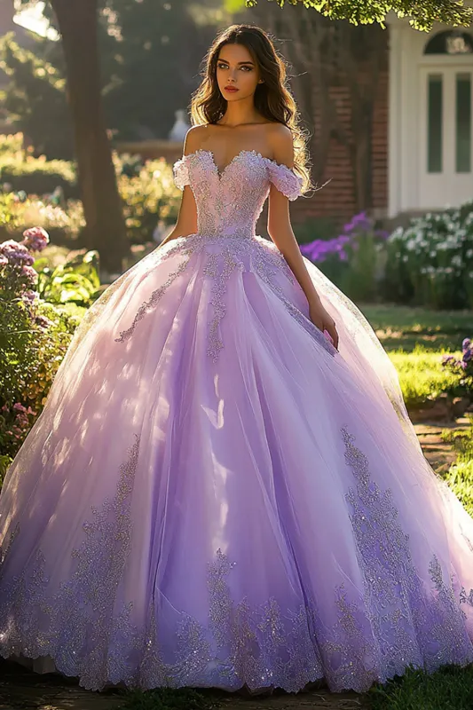 Ball Gown Off the Shoulder Appliqued Lilac Quinceanera Dress sold by Zapaka