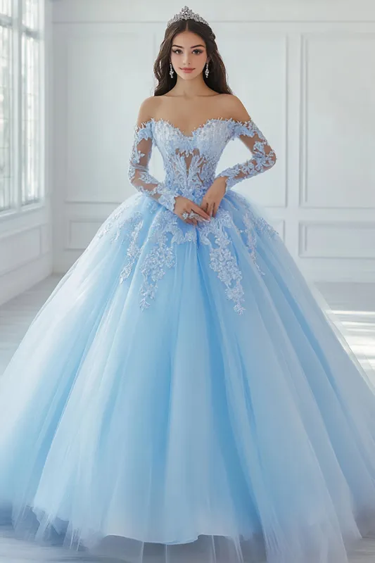 Off The Shoulder Appliqued Ball Gown Sky Blue Lace Quinceanera Dress sold by Zapaka