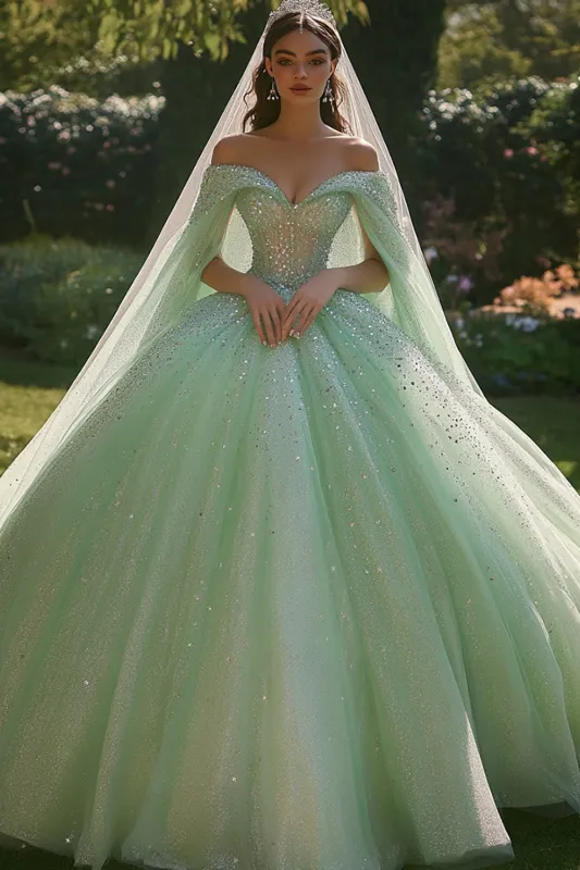 Glitter Ball Gown Off the Shoulder Light Green Sequin Quinceanera Dress sold by Zapaka