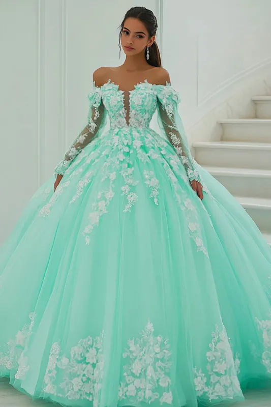 Ball Gown Off The Shoulder Mint Green Appliqued Quinceanera Dress sold by Zapaka