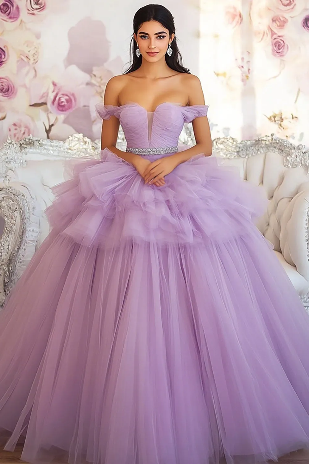 Off The Shoulder Lilac Ball Gown Ruffled Quinceanera Dress sold by Zapaka